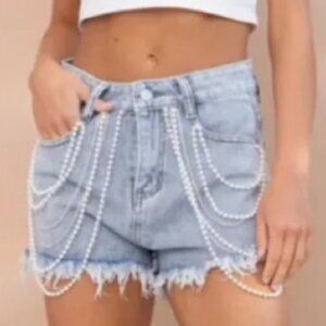 High-Rise Rhinestone And Pearl Denim Shorts
